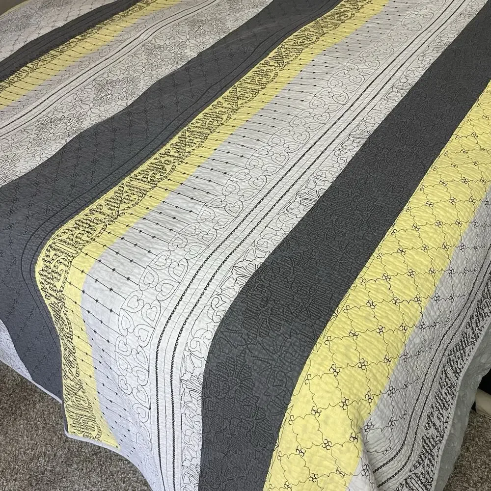 Better Homes Quilt Coverlet Queen Size Gray Yellow Black Stripe Reversible 88x98
